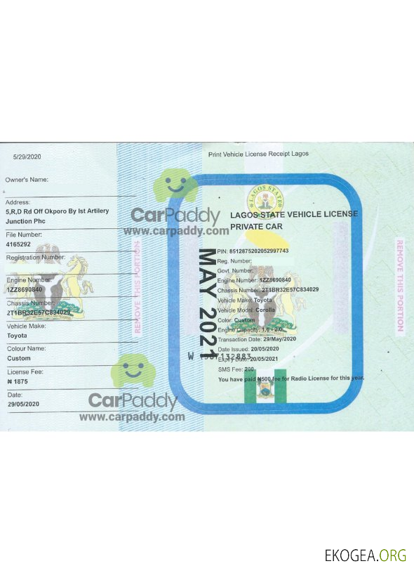 Certificat d'immatriculation du véhicule à Lagos